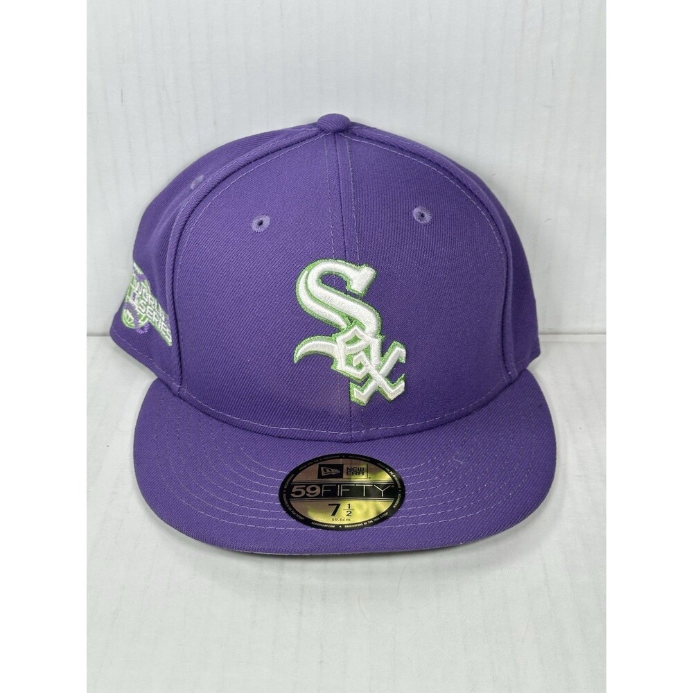 Size 7 1/2 New Era Chicago White Sox 59FIFTY Fitted Hat Purple Lime Side Patch